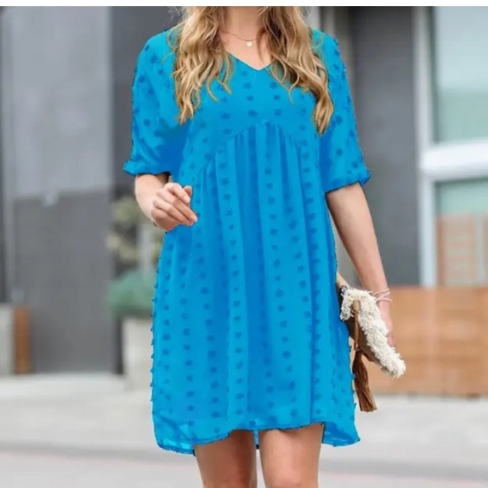 🟠NWT NEW ZENANA Swiss Dot Babydoll V-neck Dress in Deep Sky